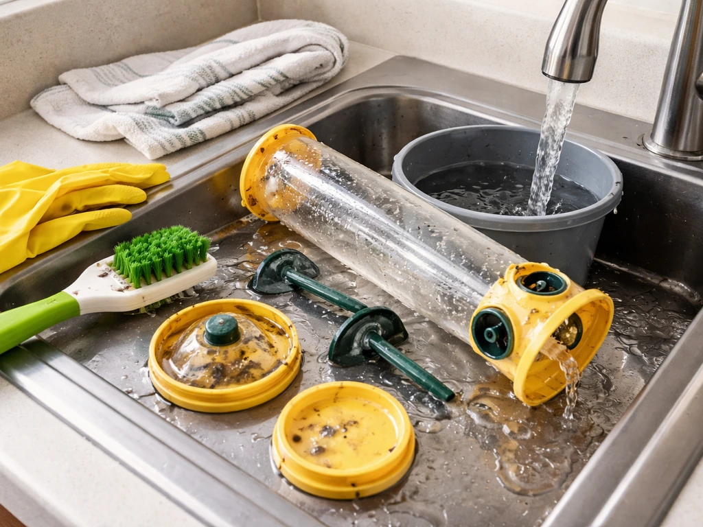 Disassembled bird seed feeder parts scrubbed and rinsed in a sink with gloves, brush, and bucket.