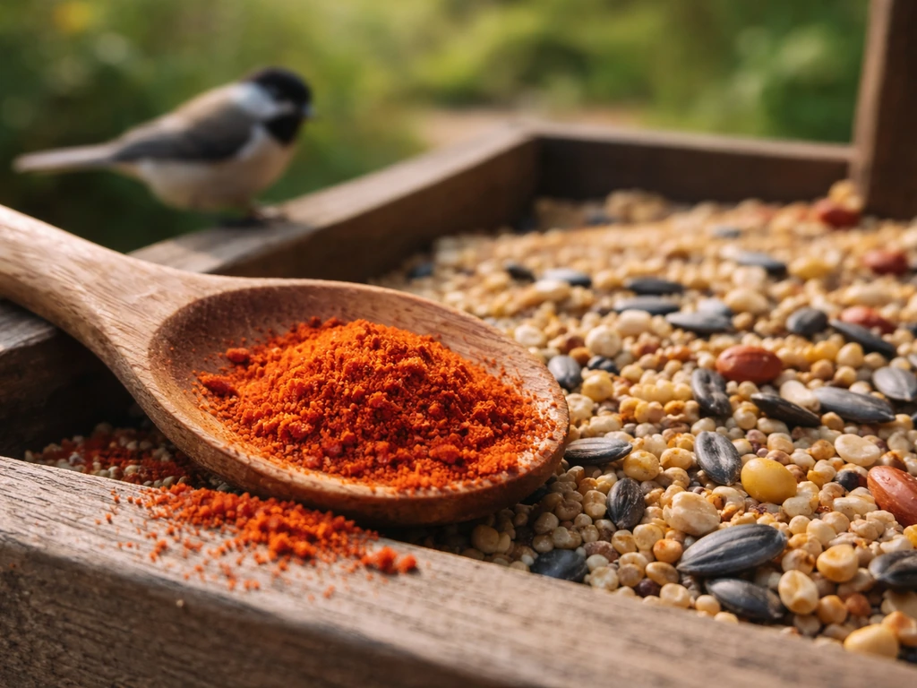 Cayenne pepper powder beside birdseed in a feeder tray with a small bird nearby, natural light close-up.