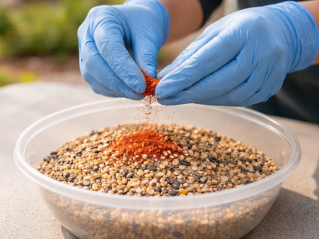 Gloved hands mix cayenne powder into bird seed in a bowl, with safety glasses visible, outdoors.