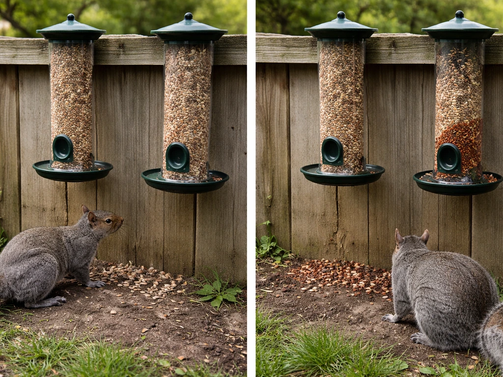Gray squirrels near an untreated feeder vs a cayenne-treated feeder, showing avoidance on the treated side.