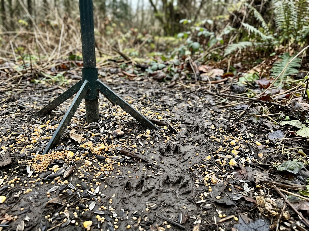 Bird feeder base with paw prints and scattered seed indicating a fox raid