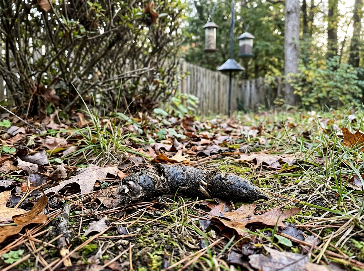 Fox-like scat on leaf litter near a bird feeding area