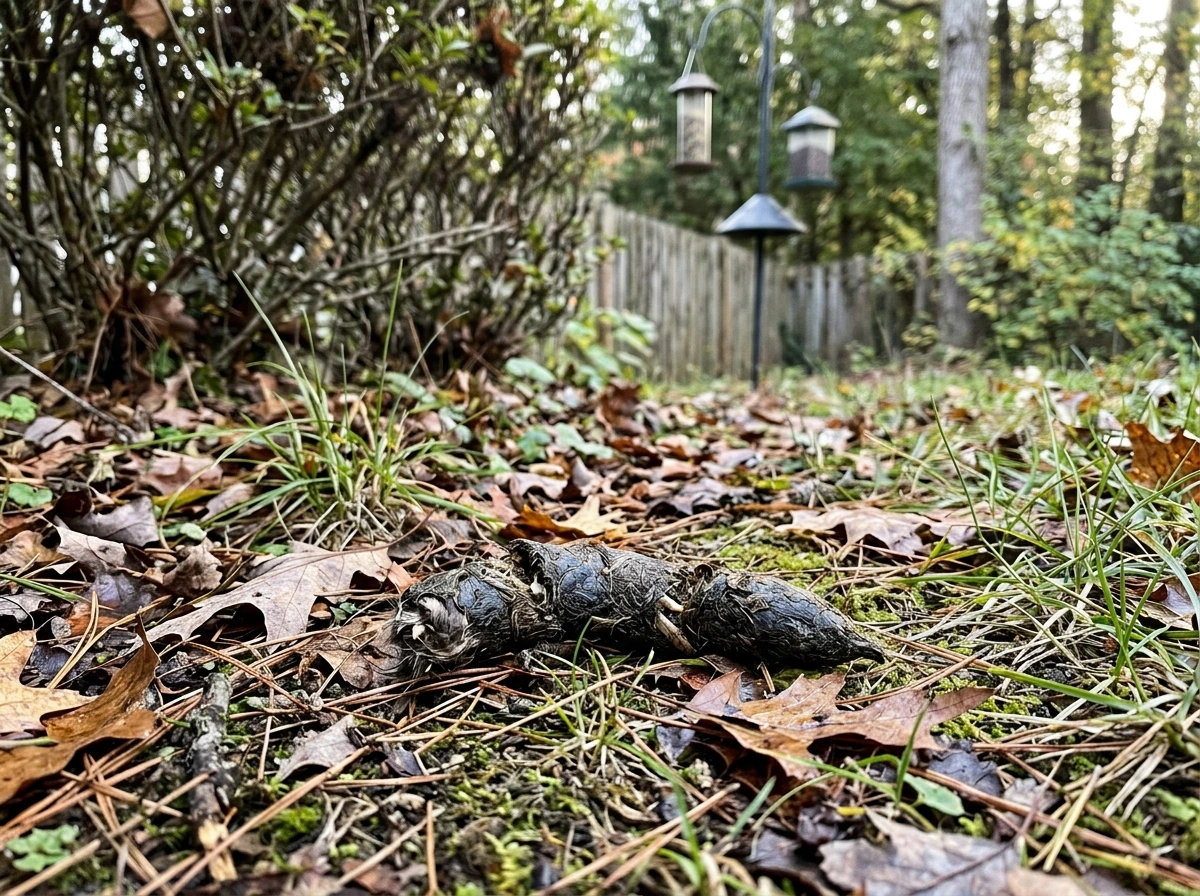 Fox-like scat on leaf litter near a bird feeding area