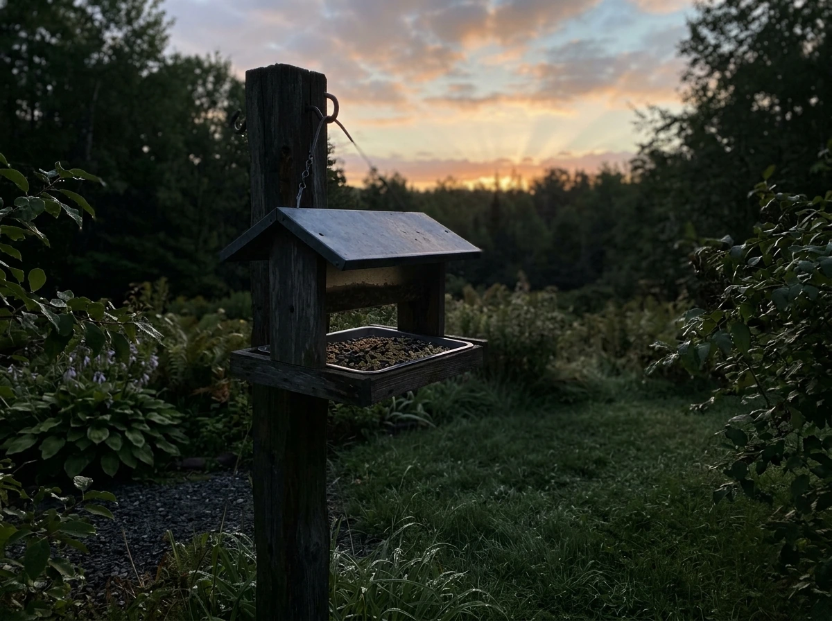 Crepuscular timing: bird feeder at dawn with seed still visible
