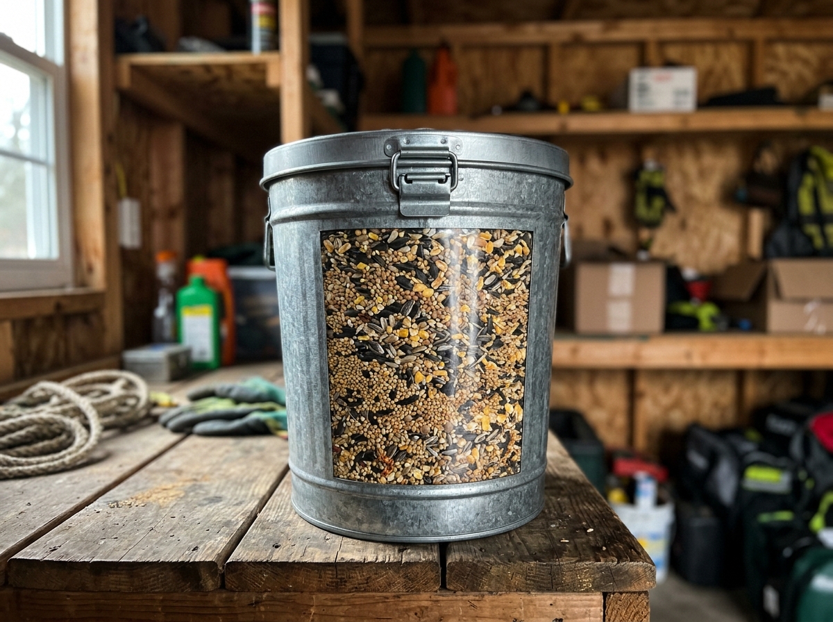 Sealed metal container of bird seed with lid closed for dry storage