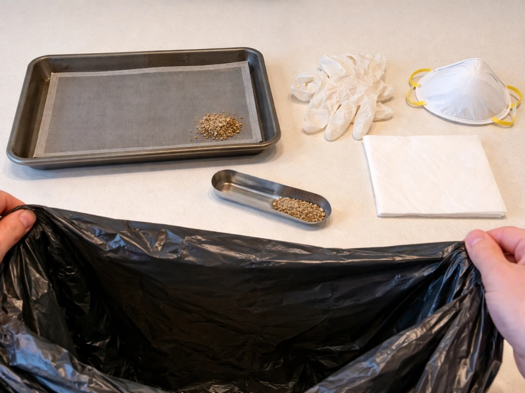 Gloves, mask, sealed-ready trash bag, and tray setup on a kitchen counter for safe disposal of moldy seed.