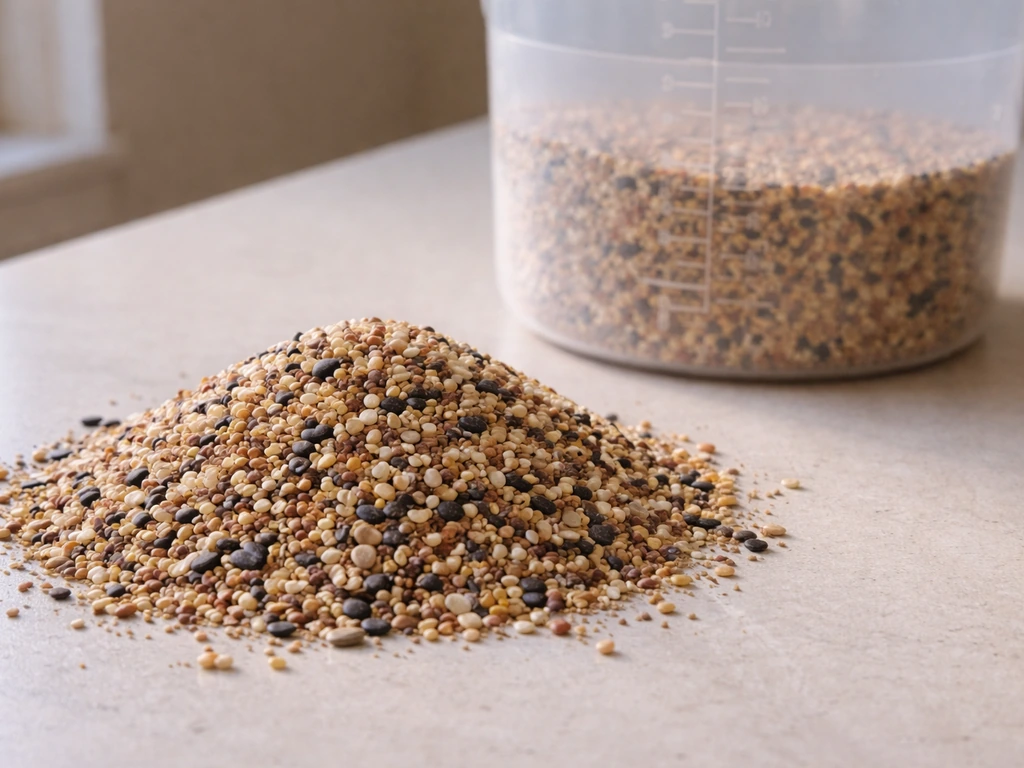 Close-up of bulk bird seed next to a clear gallon-measure container for estimating gallons from 40 lb
