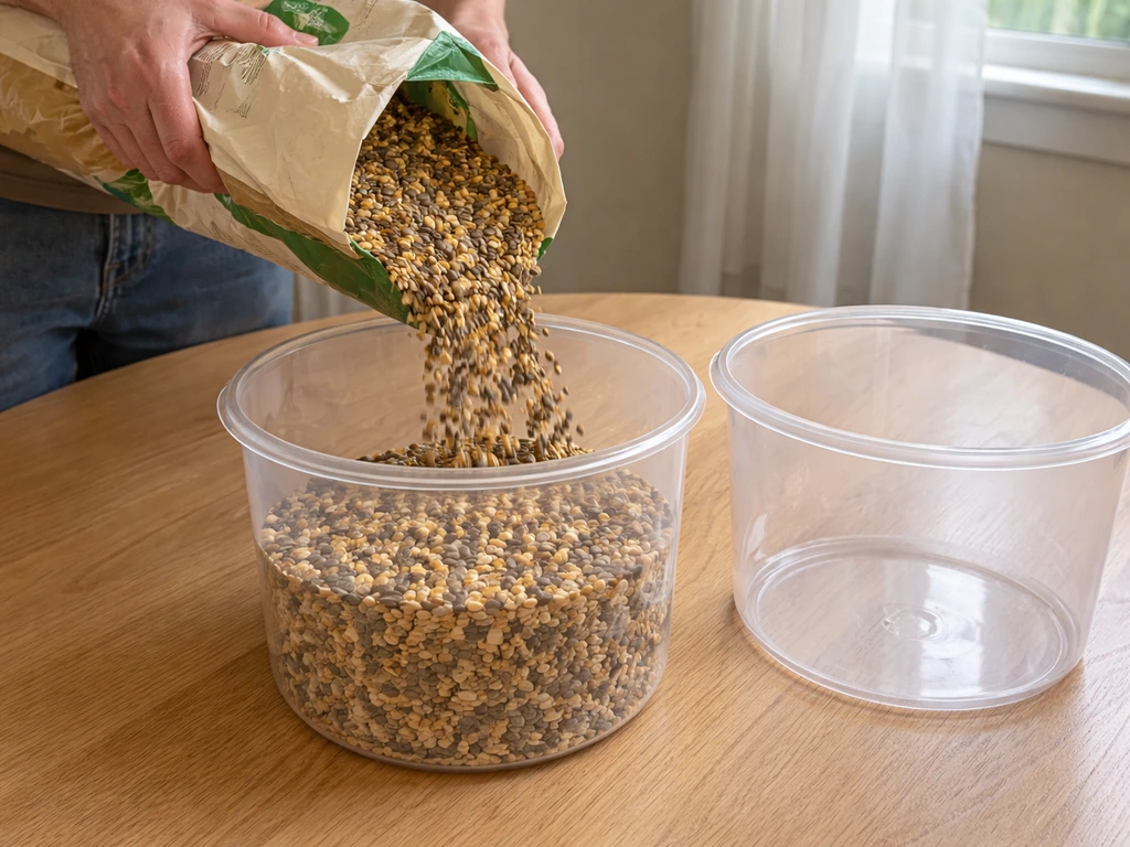 Hands pouring mixed bird seed into a clear measuring container to convert pounds to gallons
