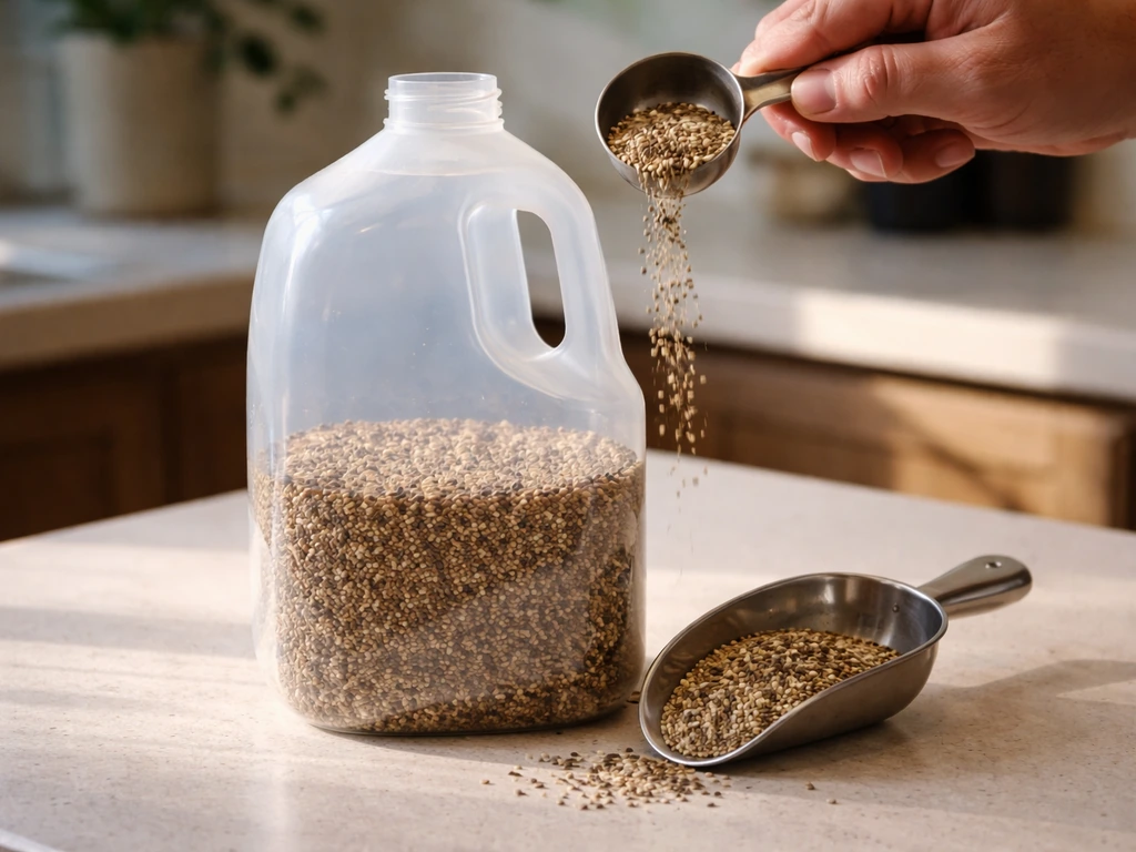 Hands pouring dry seed into a clear 1-gallon jug on a countertop for an accurate volume test