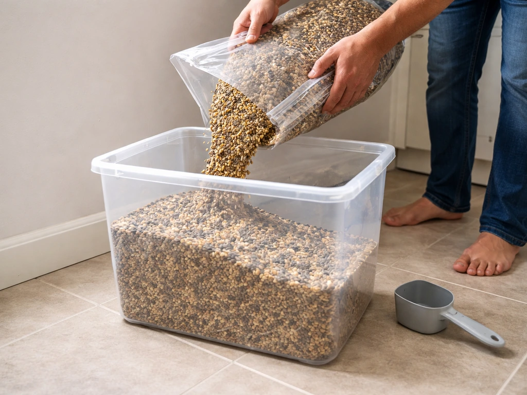 Person’s hands placing a 40 lb seed bag into an open plastic storage bin sized for enough usable space.