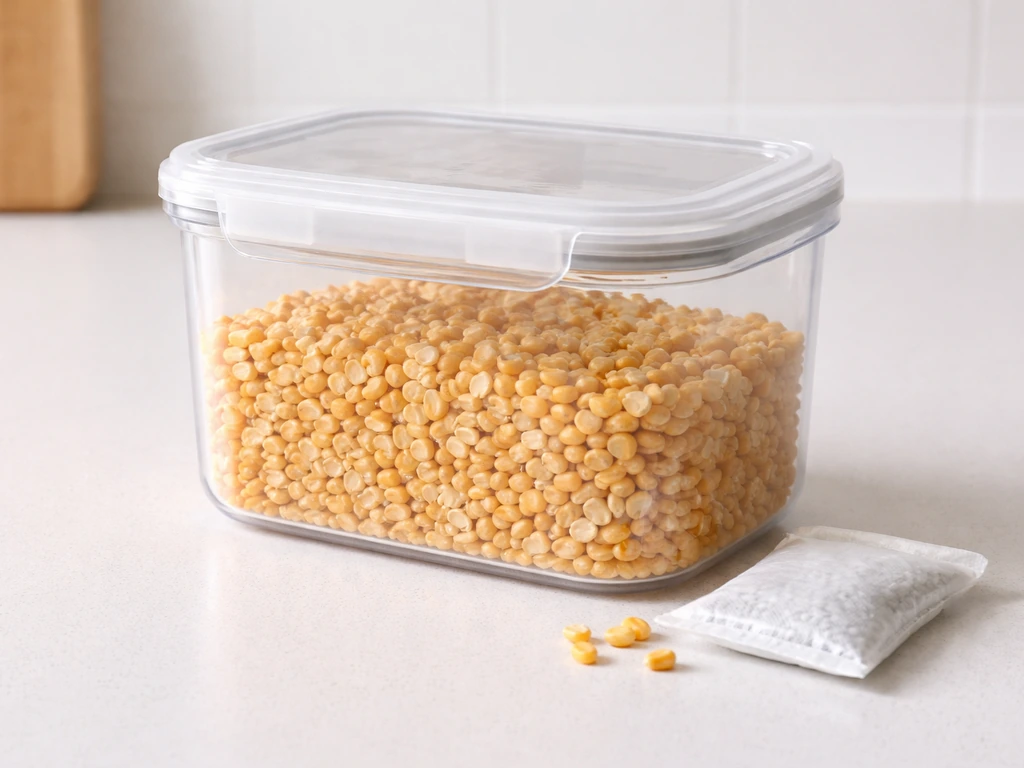 A sealed airtight seed container with desiccant pouch to show keeping birdseed dry and mold-free.