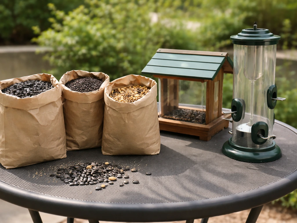 Seed bags and two feeder types on a small patio table showing how to match birds to food.