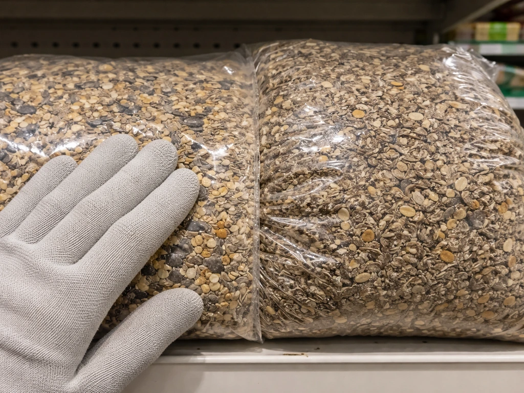Close-up of a birdseed bag with dry texture on one side and softened/clumped moisture damage on the other.