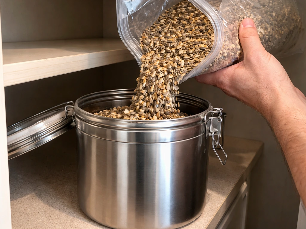 Birdseed packed in a hard-sided metal container with a locking lid in a clean pantry.