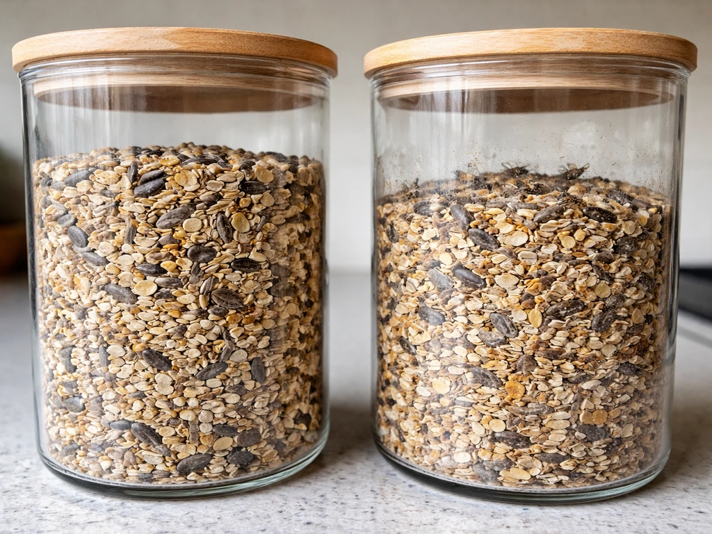 Close-up of birdseed containers, one clean and one showing faint webbing and small pantry pests.