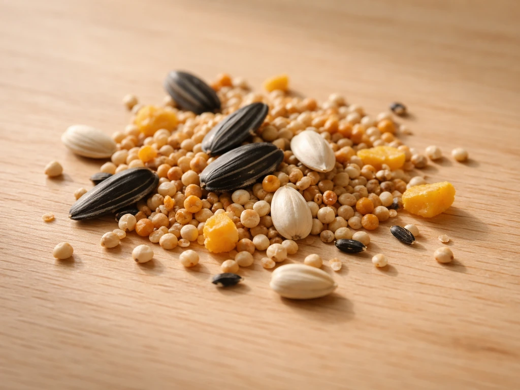 Close-up of wild bird seed grains—sunflower, millet, cracked corn, and safflower—spread on light wood.
