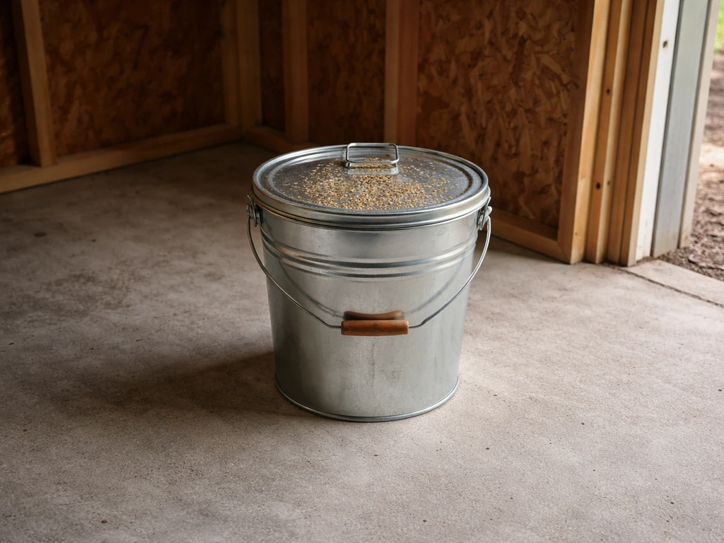 Sealed metal bucket of bird seed stored in a cool, dry shed to keep it mold-free and rodent-proof.