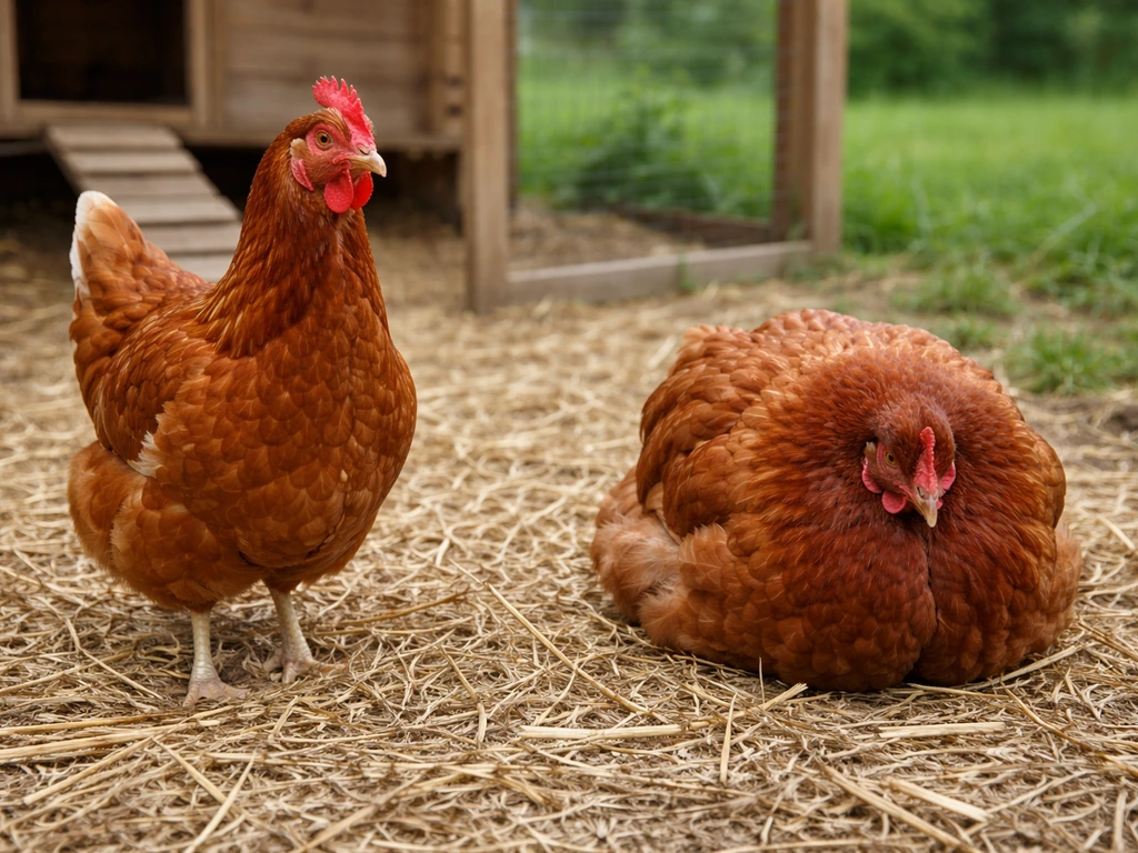 Two yard chickens after feeding: one alert and active, one hunched with puffed feathers in early warning signs