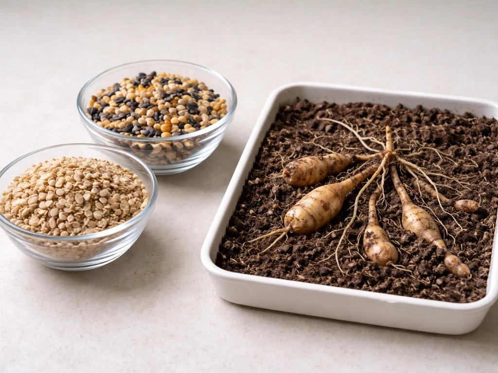Side-by-side bowls of bird seed and a tray showing tubers/roots to illustrate gophers’ preferred foods.