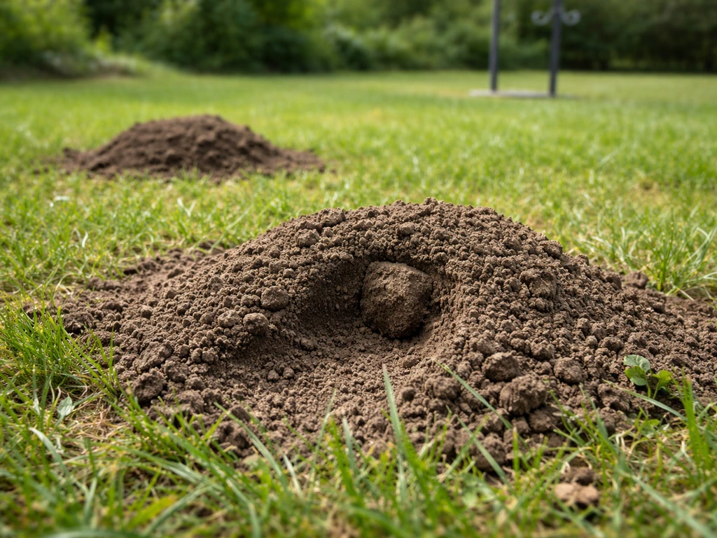 Ground-level view of pocket gopher mounds with fanned dirt shape and a side soil plug near a garden feeder.
