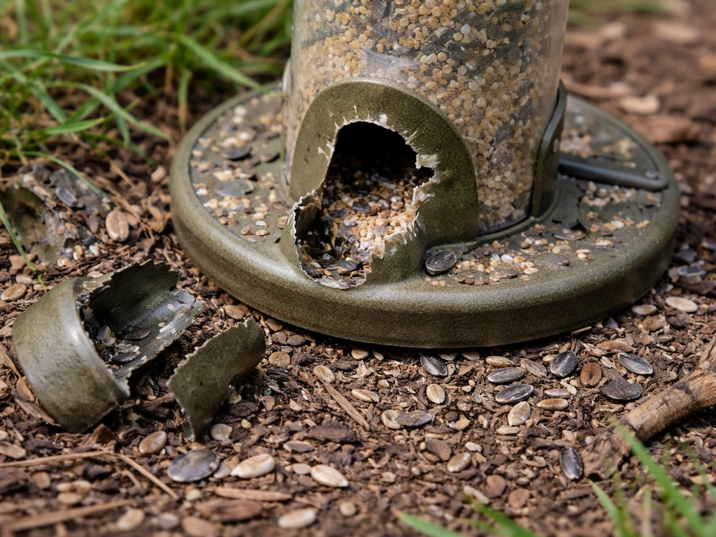Close-up of a damaged seed feeder with chewed parts and scattered seed hulls on mulch