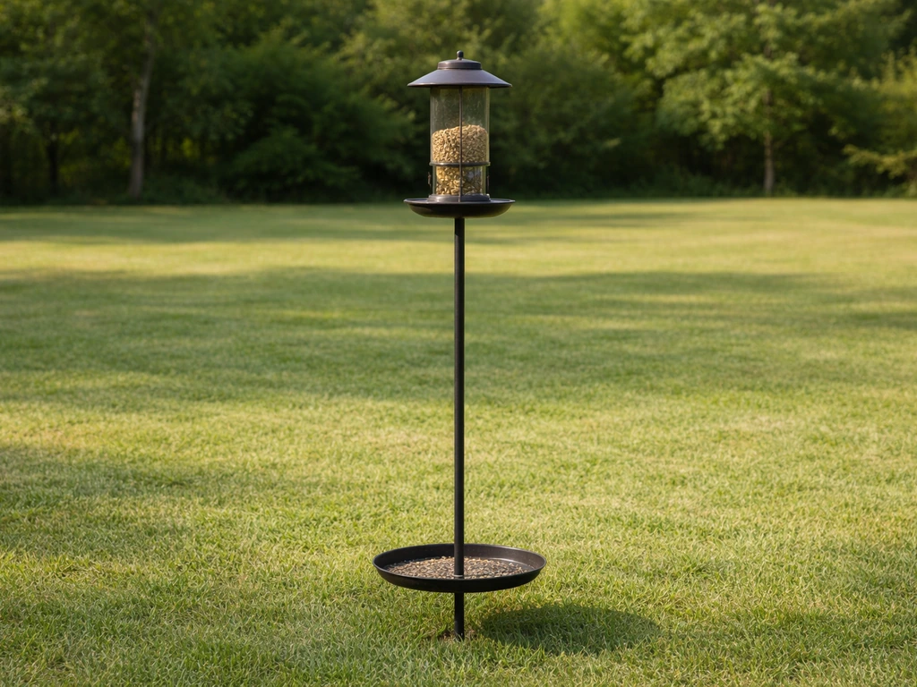 Backyard bird feeder on a raised pole with a catch tray and clear open space around it.