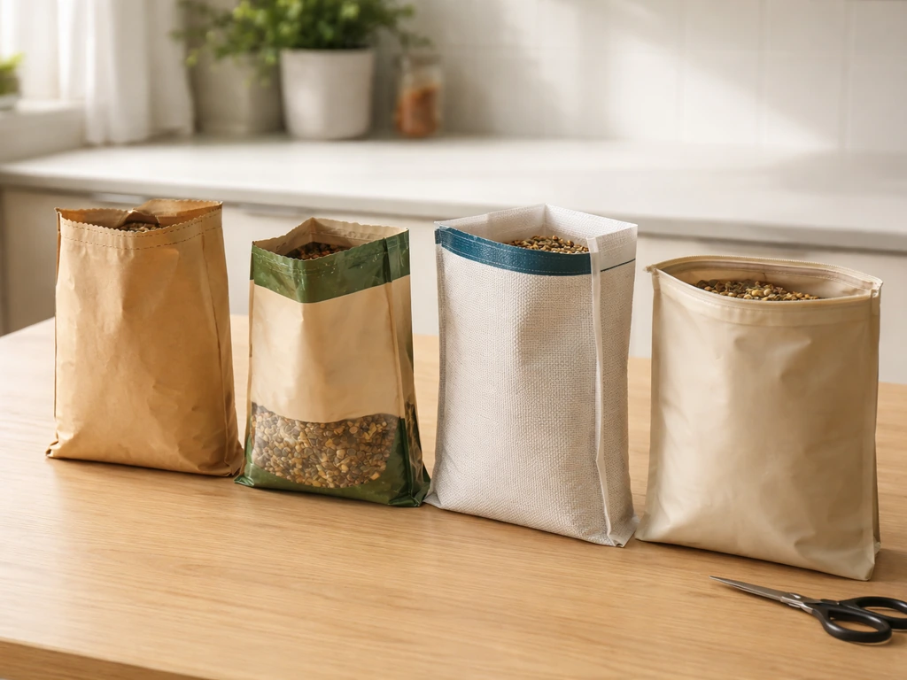 Assorted bird seed bags neatly laid out on a clean surface, ready to open safely without spilling.