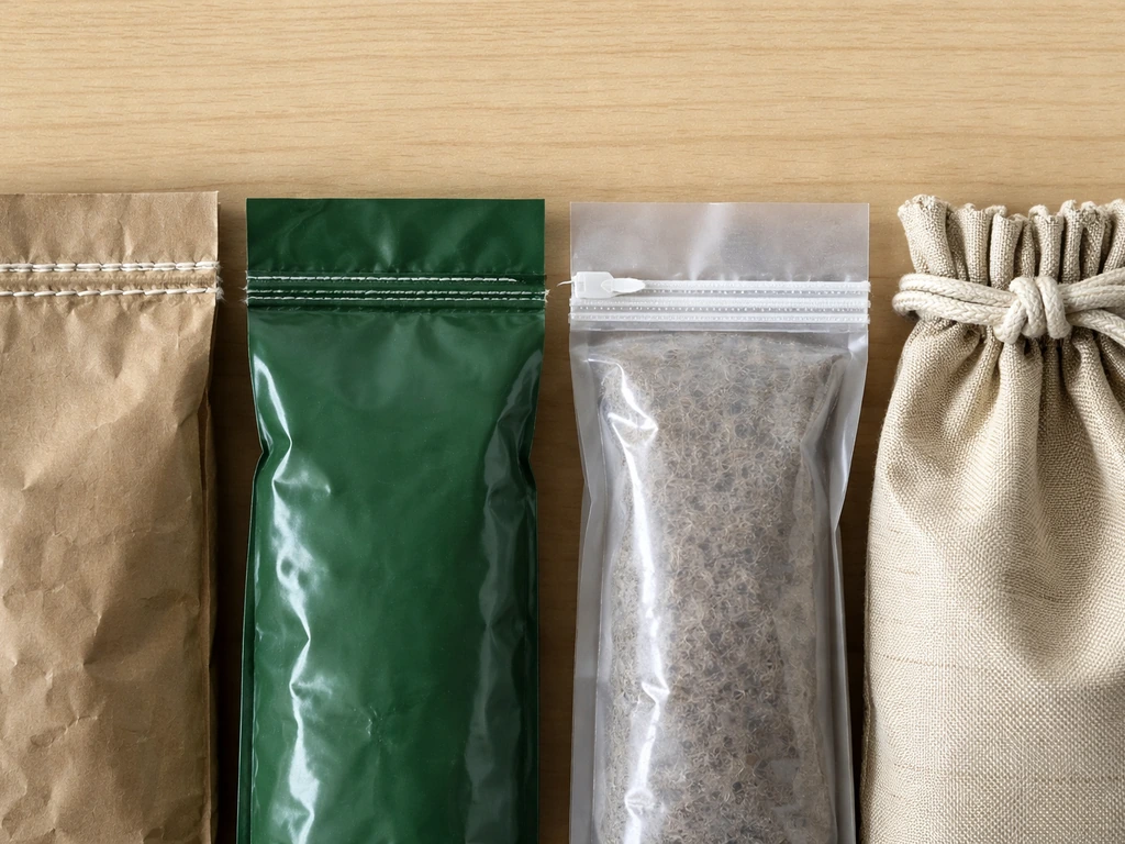 Close-up of four bird seed bag closures: sewn seam, tear notch, zipper, and drawcord.