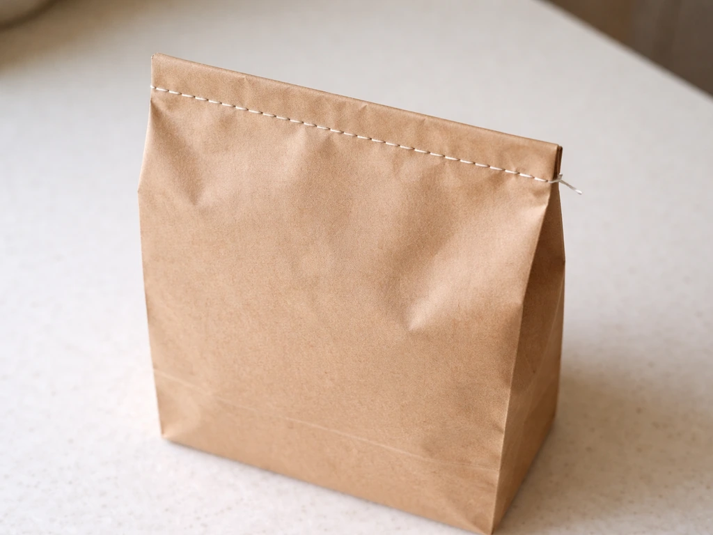 Top of an upright paper bag with sewn thread seam and a single loose thread end on a clean counter.