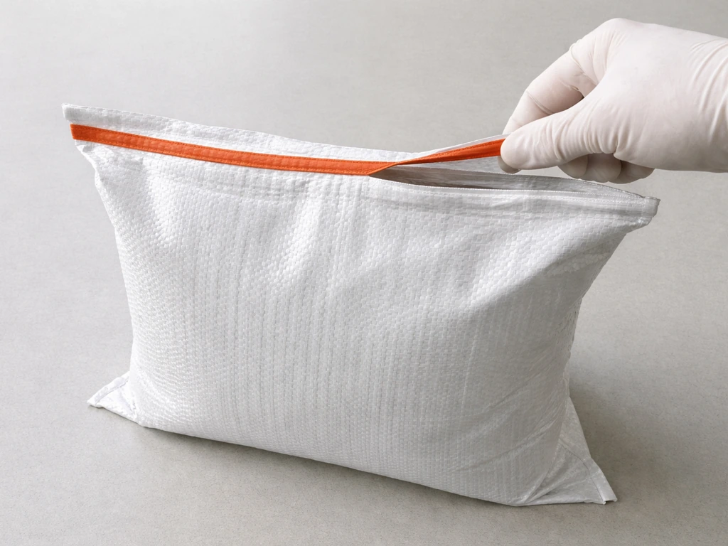 Gloved hand pulls the contrasting EZ-Open strip across the top of a woven polypropylene bag.