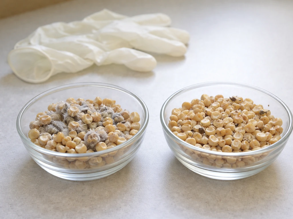 Two side-by-side bowls of opened seed: left moldy clumps, right with signs of pests like weevils.