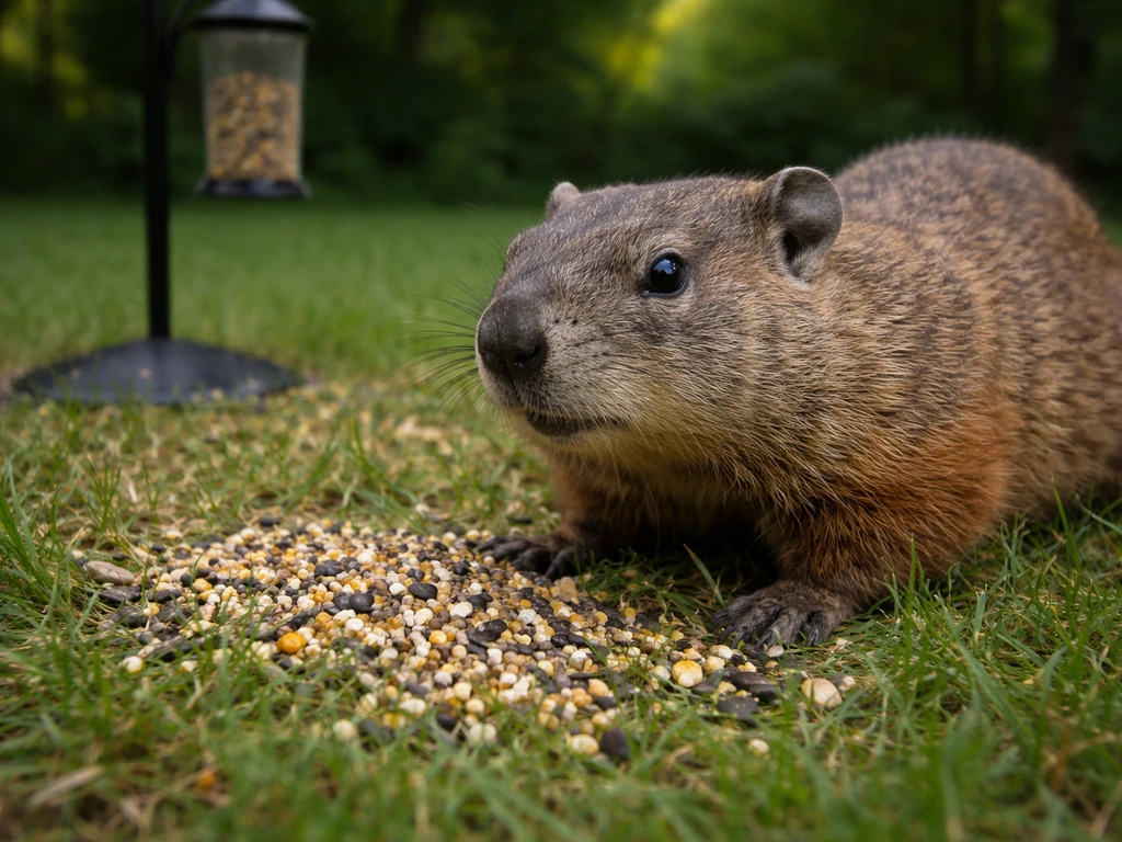 Groundhog near spilled bird seed on the ground by a bird feeder