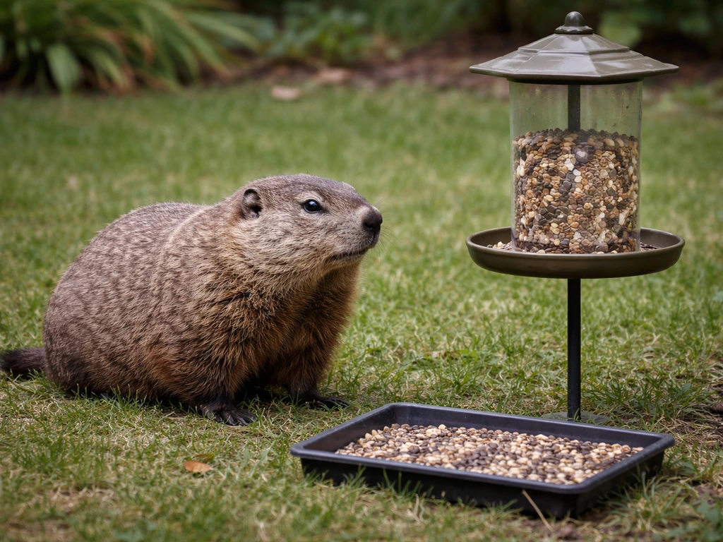 Chunky groundhog beside a bird feeder and seed tray in a backyard, low to the ground.