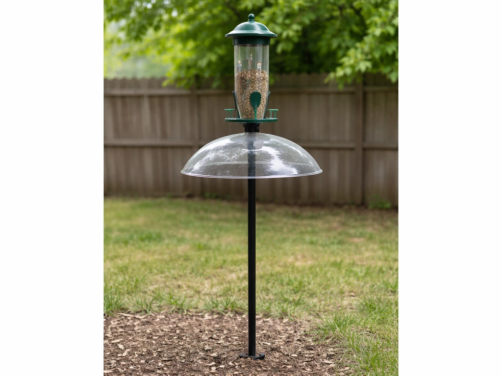 A baffled bird feeder on a smooth metal pole with seed protected from low, ground-dwelling animals