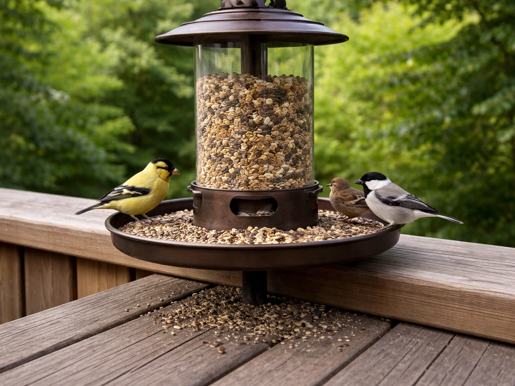 No-waste bird feeder with a wide tray and almost no spilled seeds on the ground underneath.