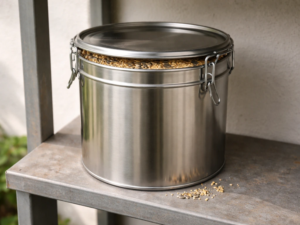 Heavy-duty sealed metal container with bird seed, suggesting attractant removal for pest control