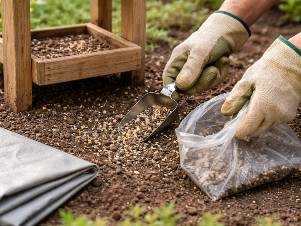 Gloved hands scooping spilled seed and droppings into a bag near a small garden feeding station.