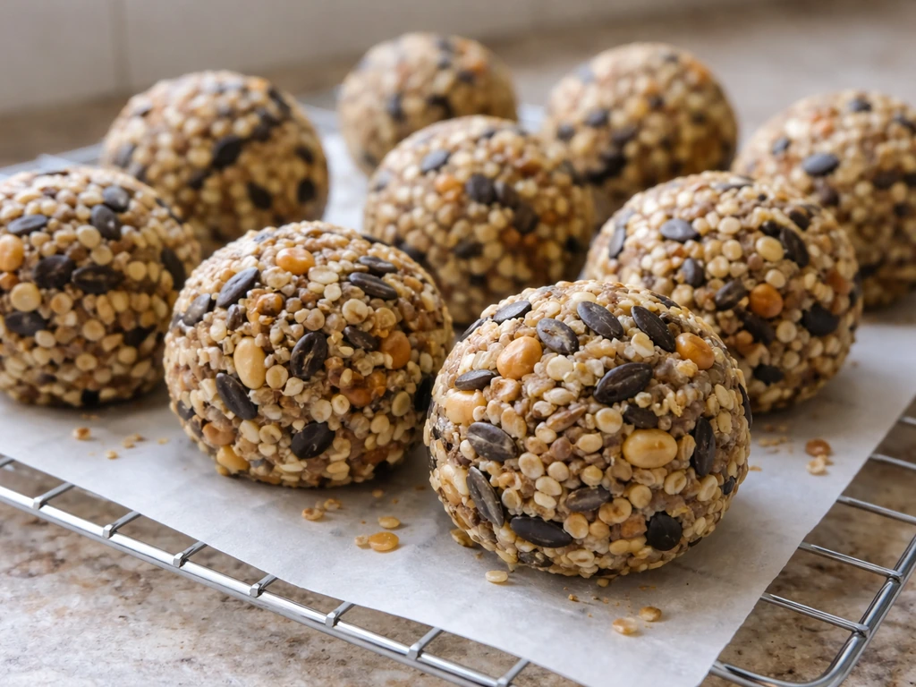 Fresh bird seed balls drying on a tray on a kitchen counter with visible seed texture and binder sheen.