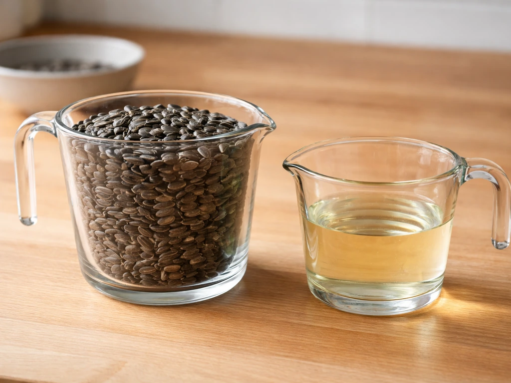 Two clear measuring cups side-by-side: seed mix filled to 2.5 cups and binder liquid to 1 cup.