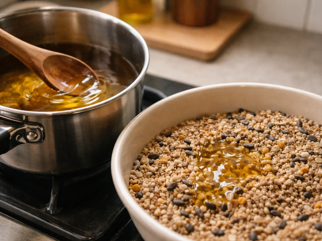 Cooktop pot with melted suet/lard being stirred into birdseed mix in cold-weather preparation