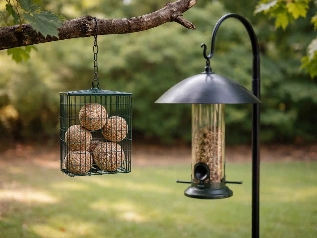 Bird seed balls hanging from a suet cage in yard shade with a visible squirrel baffle barrier
