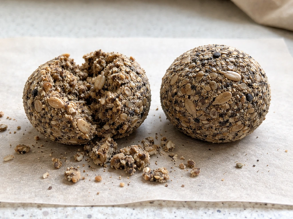 Two seed balls side by side—one crumbly and split, the other intact and properly set.