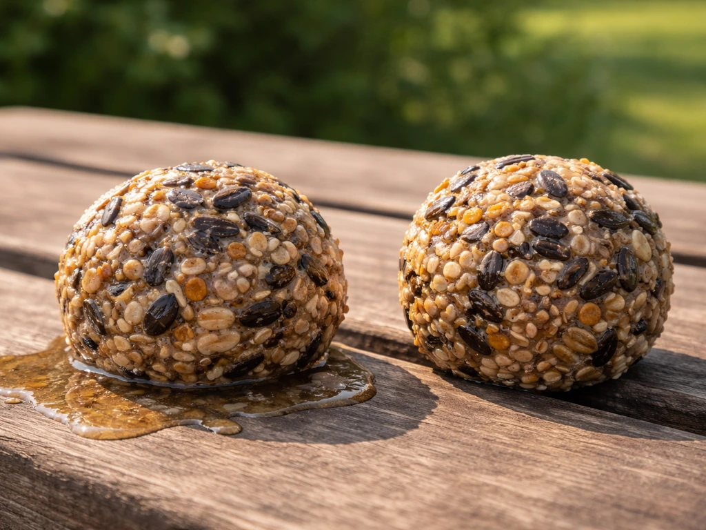 Two seed balls on a table: one soft and greasy with oil leakage, the other firm and intact.