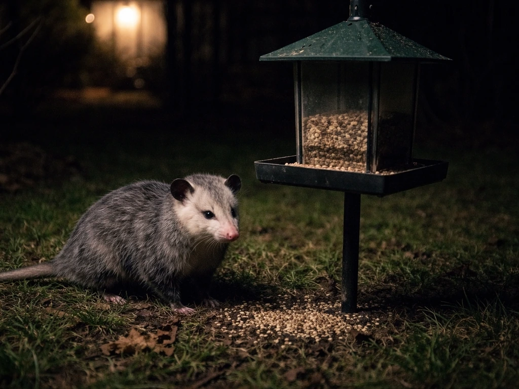 Nighttime yard with a Virginia opossum near a bird feeder, with scattered bird seed on the ground.