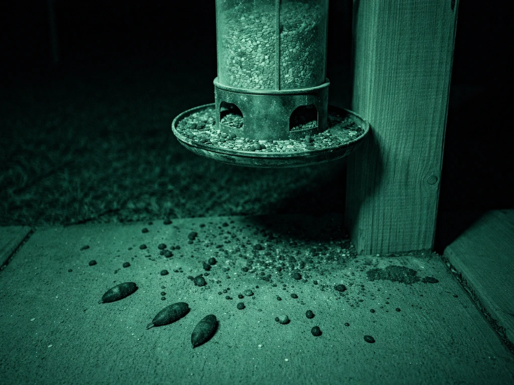 Night-vision view of a bird feeder with distinct droppings shapes near the tray, showing possible possum vs other pests