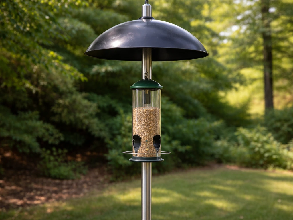 Bird feeder mounted on a smooth metal pole with a dome baffle blocking climb access for possums.