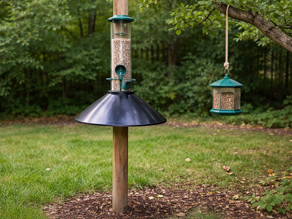 Tube feeder and a visible line baffle on a pole, with hanging feeder tether placement in a quiet yard.