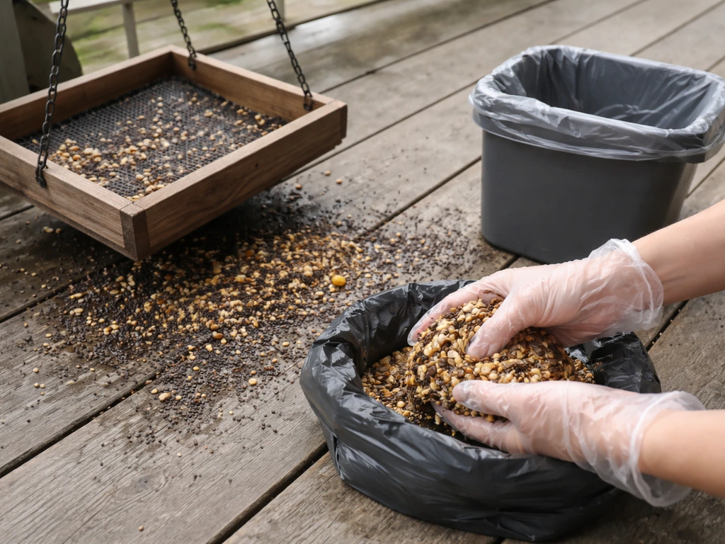 Gloved hands cleaning spilled wet bird seed from a feeder tray on a porch.