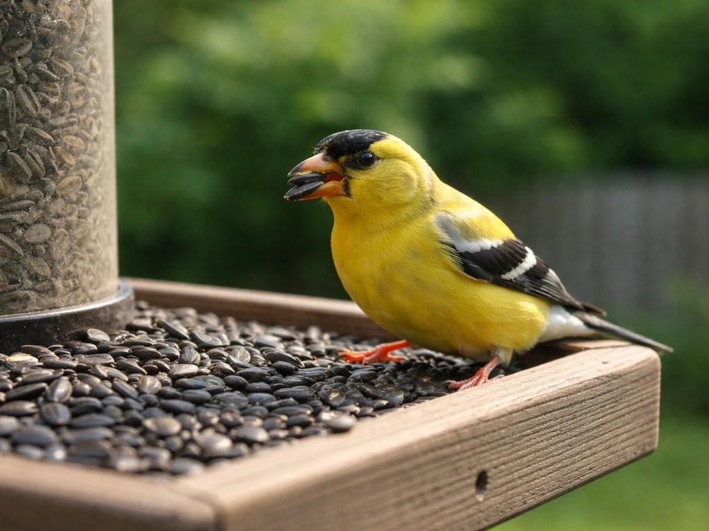 American goldfinch actively eating sunflower seeds from a backyard feeder