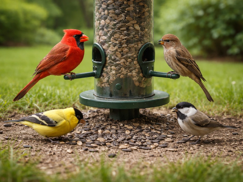 Several small backyard birds perched and pecking sunflower seeds at a bird feeder